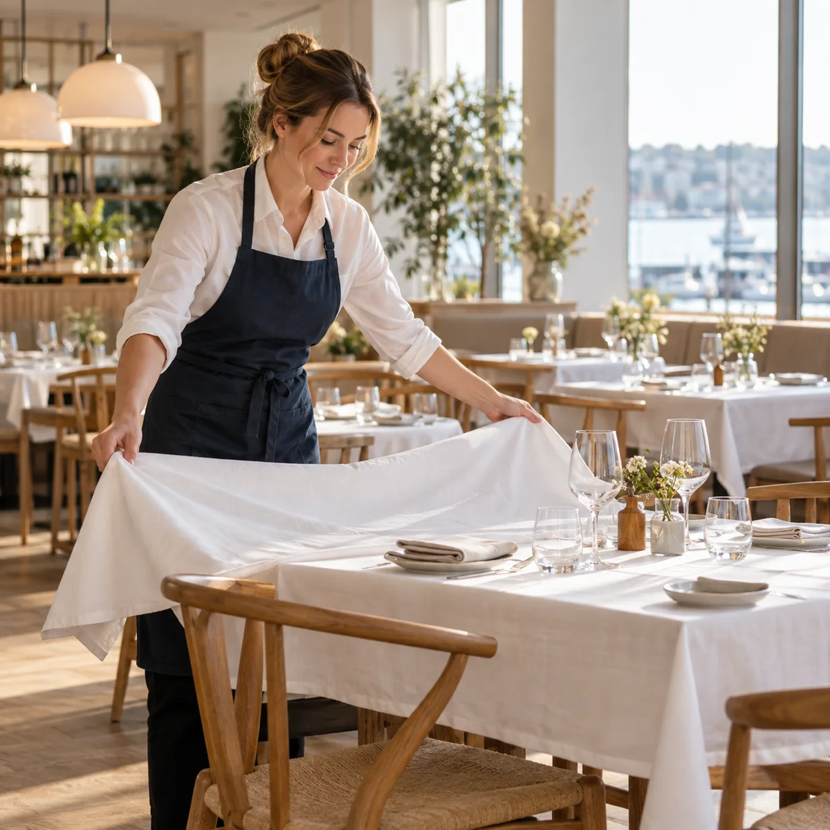 Medarbeider gjør tekstiler klare i en restaurant