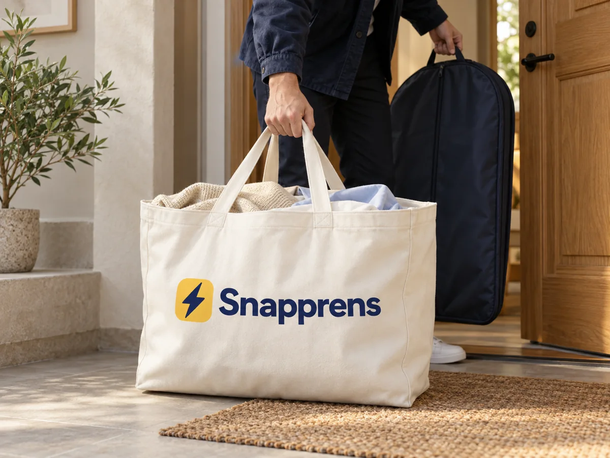 Snapprens-pose med klær ved en inngangsdør