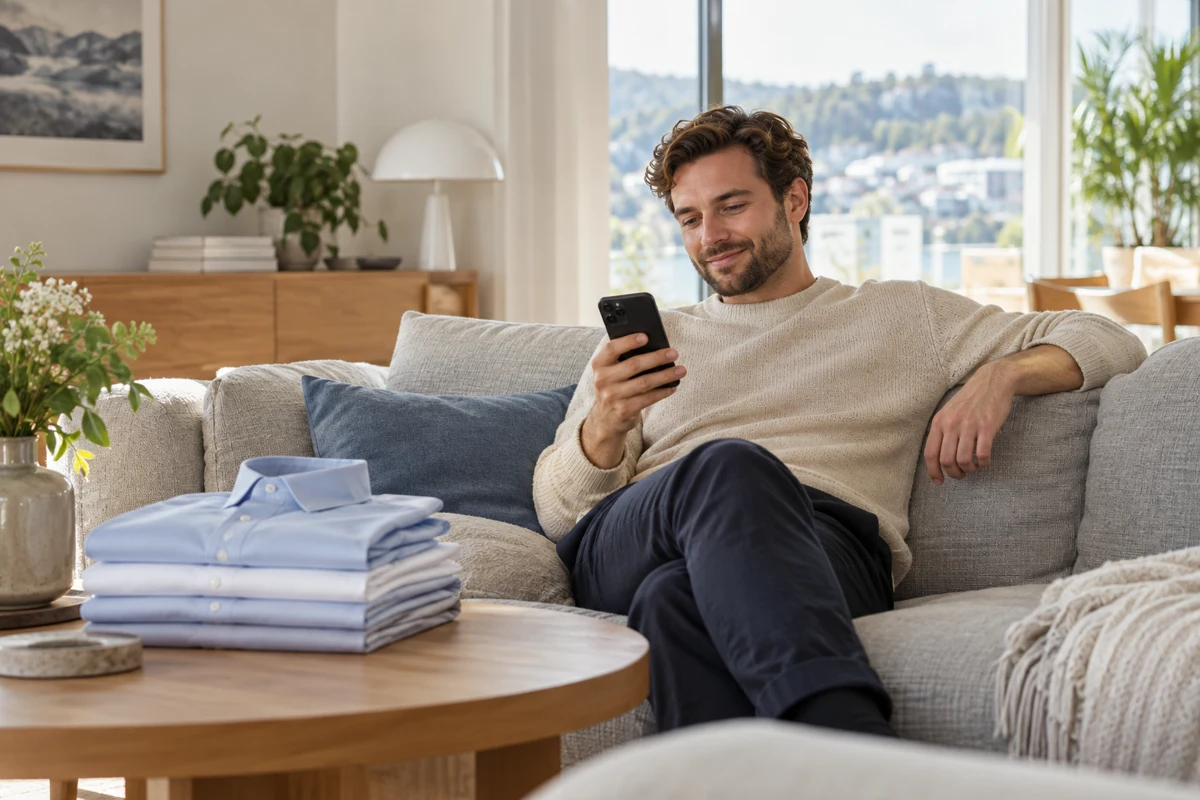 En rolig stund på sofaen med mobilen og nyvaskede skjorter